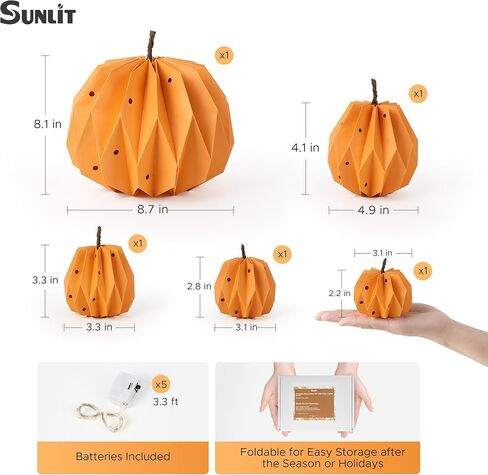 ديكور اليقطين الورقي المضاء بنور الشمس مع أضواء خرافية، مجموعة من 5، ديكورات خريفية للمزرعة للمنزل، ديكورات طاولة مركزية على شكل يقطين، ديكور طاولة عيد الشكر، مصباح ورقي صغير (البطاريات متضمنة) in Kuwait