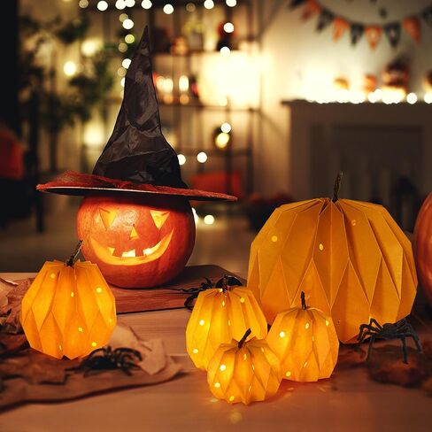 ديكور اليقطين الورقي المضاء بنور الشمس مع أضواء خرافية، مجموعة من 5، ديكورات خريفية للمزرعة للمنزل، ديكورات طاولة مركزية على شكل يقطين، ديكور طاولة عيد الشكر، مصباح ورقي صغير (البطاريات متضمنة) in Kuwait