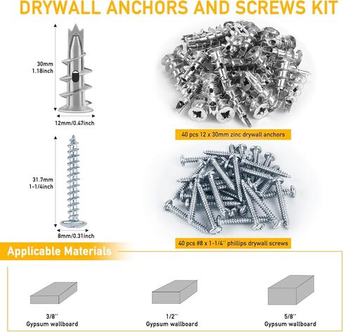 مثبتات الحوائط الجافة ذاتية الحفر 80 قطعة، مثبتات جدارية من الزنك، مثبتات جدارية للجدران الجافة شديدة التحمل، 40 مرساة 12 × 30 مم + براغي 40#8 × 1-1/4 بوصة للتعليق والتركيب بوزن 75 رطل بواسطة XIOGZAXI in Kuwait