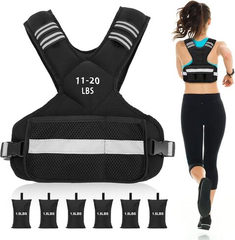 Weighted Vest for Women and Men, 4-10lb/11-20lb/20-32lb Adjustable Weighted Vest with Reflective Strip, Body Weight Vest for Walking, Running, Fitness, Strength Training (Black, 11-20 lbs) in Saudi Arabia