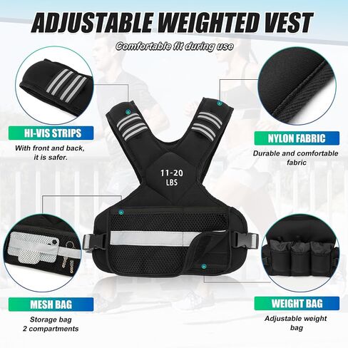 Weighted Vest for Women and Men, 4-10lb/11-20lb/20-32lb Adjustable Weighted Vest with Reflective Strip, Body Weight Vest for Walking, Running, Fitness, Strength Training (Black, 11-20 lbs) in Saudi Arabia