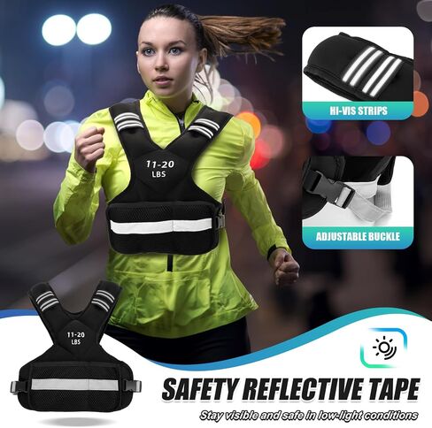 Weighted Vest for Women and Men, 4-10lb/11-20lb/20-32lb Adjustable Weighted Vest with Reflective Strip, Body Weight Vest for Walking, Running, Fitness, Strength Training (Black, 11-20 lbs) in Saudi Arabia