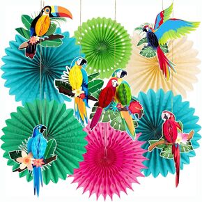 SUNBEAUTY Tropical Toucan Bird Parrot Honeycombs Paper Fans Decorations Tropical Hawaiian Luau Aloha Jungle Birthday Party Decorations
