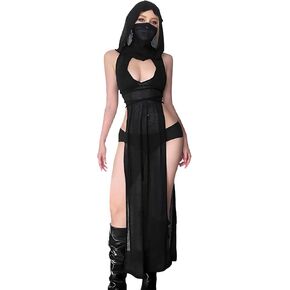 Rave Outfits for Women High Split Slim Hooded Black Knit Dress Cover Ups Streetwear