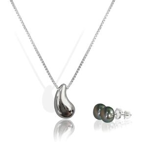 مجموعة قلادة من الفضة الاسترليني وأقراط من اللؤلؤ AAAAA، قلادة من اللؤلؤ المستزرع - قطرة الماء - سلسلة على شكل عظمة الثعبان - مجوهرات من الفضة الاسترليني للسيدات العصريات in Kuwait