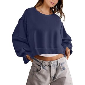 ANRABESS Womens Cropped Oversized Sweatshirts Crewneck Long Sleeve Pullover Crop Tops 2024 Fall Teen Girls Preppy Clothes