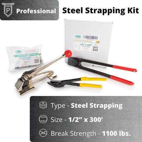 مجموعة الربط الفولاذية IDL Packaging PRO 1/2 بوصة × 300 بوصة، قوة كسر 1100 رطل - أدوات احترافية وملفات ربط صغيرة - ما يكفي من الربط والأختام لـ 150 استخدامًا قبل إعادة التعبئة in Saudi Arabia