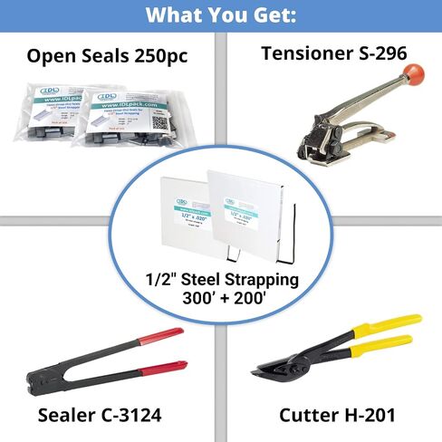 IDL Packaging PRO 1/2" x 300' Steel Strapping Kit, 1100 lbs Break Strength – Professional Grade Tools & Mini Strapping Coils – Enough Strapping and Seals for 150 Uses Before Refill in Saudi Arabia
