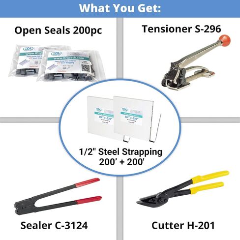 IDL Packaging PRO 1/2" x 300' Steel Strapping Kit, 1100 lbs Break Strength – Professional Grade Tools & Mini Strapping Coils – Enough Strapping and Seals for 150 Uses Before Refill in Saudi Arabia