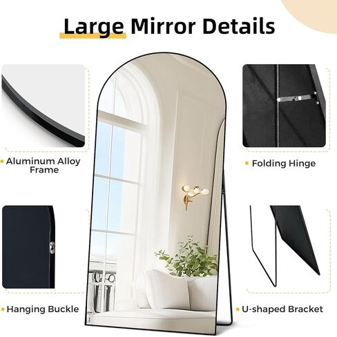 Oversized Full Length Mirror 72x44 Inch - Wall Mounted or Standing Floor Mirror with Aluminum Alloy Frame, Shatterproof Tempered Glass - Modern Mirror for Bedroom, Living Room, Closet, Black in Kuwait