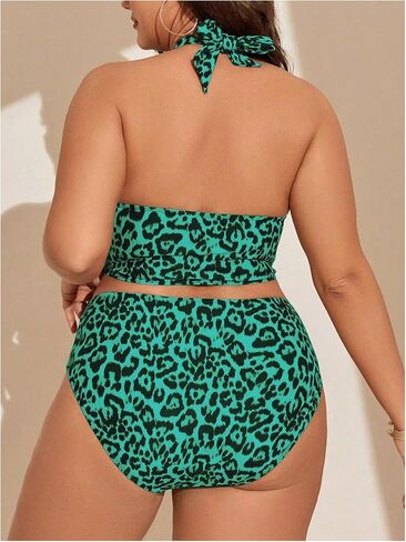 Women's Plus Size 3 Piece Bikini Set Leopard Print Halter Tie Bikini Sets with Beach Skirt Cover Up in Saudi Arabia