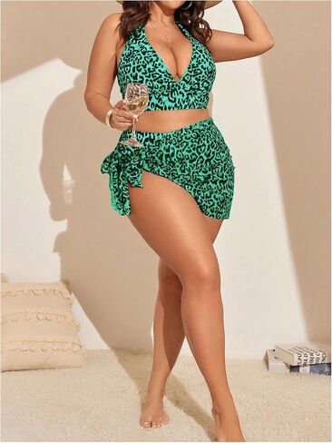 Women's Plus Size 3 Piece Bikini Set Leopard Print Halter Tie Bikini Sets with Beach Skirt Cover Up in Saudi Arabia