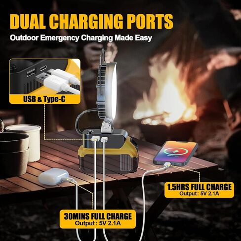 فانوس تخييم LED لبطارية Dewalt 20V: مصباح عمل LED لاسلكي مع منفذ شاحن USB ونوع C - 48W 4800LM ضوء خيمة محمول للتخييم في الهواء الطلق، وانقطاع التيار الكهربائي في حالات الطوارئ (بدون بطارية) in Kuwait