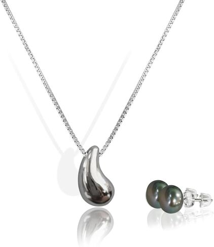 مجموعة قلادة من الفضة الاسترليني وأقراط من اللؤلؤ AAAAA، قلادة من اللؤلؤ المستزرع - قطرة الماء - سلسلة على شكل عظمة الثعبان - مجوهرات من الفضة الاسترليني للسيدات العصريات in Kuwait