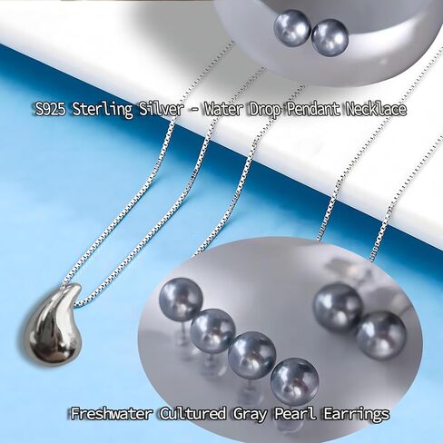 مجموعة قلادة من الفضة الاسترليني وأقراط من اللؤلؤ AAAAA، قلادة من اللؤلؤ المستزرع - قطرة الماء - سلسلة على شكل عظمة الثعبان - مجوهرات من الفضة الاسترليني للسيدات العصريات in Kuwait