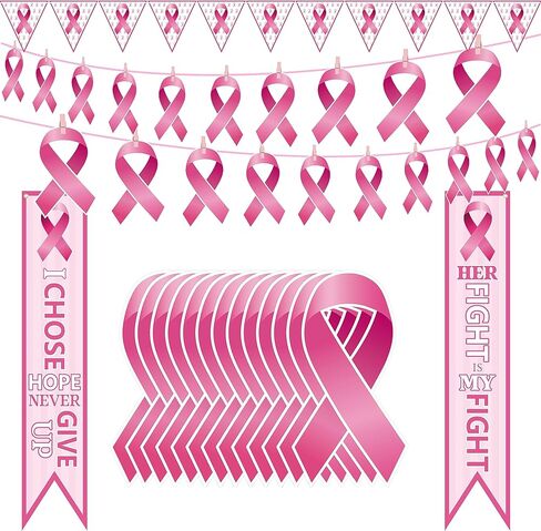 cnhoqc 124pcs الوردي مجموعة الديكور راية التوعية بسرطان الثدي، مجموعة مع راية العلم الشريط الوردي، انقطاع الشريط الوردي، الأزواج، المشابك الوردية مع الشريط لشهر التوعية بسرطان الثدي الطرف العرض in Kuwait