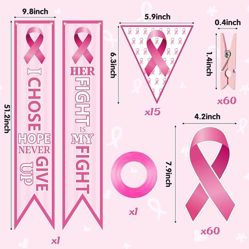 cnhoqc 124pcs الوردي مجموعة الديكور راية التوعية بسرطان الثدي، مجموعة مع راية العلم الشريط الوردي، انقطاع الشريط الوردي، الأزواج، المشابك الوردية مع الشريط لشهر التوعية بسرطان الثدي الطرف العرض in Kuwait