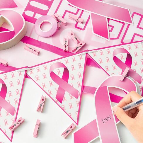 cnhoqc 124pcs الوردي مجموعة الديكور راية التوعية بسرطان الثدي، مجموعة مع راية العلم الشريط الوردي، انقطاع الشريط الوردي، الأزواج، المشابك الوردية مع الشريط لشهر التوعية بسرطان الثدي الطرف العرض in Kuwait