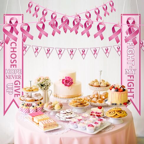 cnhoqc 124pcs الوردي مجموعة الديكور راية التوعية بسرطان الثدي، مجموعة مع راية العلم الشريط الوردي، انقطاع الشريط الوردي، الأزواج، المشابك الوردية مع الشريط لشهر التوعية بسرطان الثدي الطرف العرض in Kuwait
