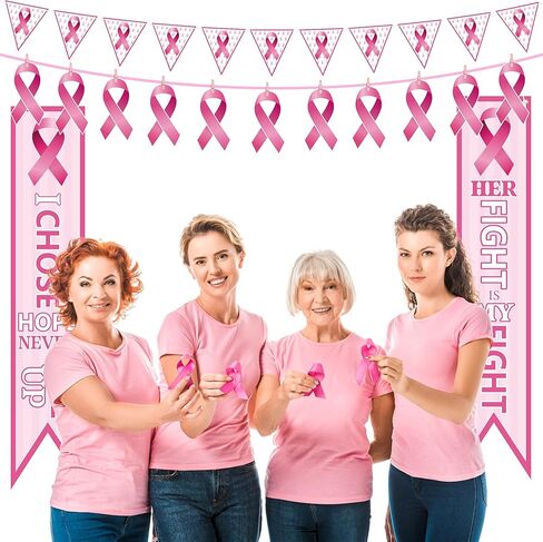 cnhoqc 124pcs الوردي مجموعة الديكور راية التوعية بسرطان الثدي، مجموعة مع راية العلم الشريط الوردي، انقطاع الشريط الوردي، الأزواج، المشابك الوردية مع الشريط لشهر التوعية بسرطان الثدي الطرف العرض in Kuwait