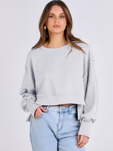 ANRABESS Womens Cropped Oversized Sweatshirts Crewneck Long Sleeve Pullover Crop Tops 2024 Fall Teen Girls Preppy Clothes in Kuwait