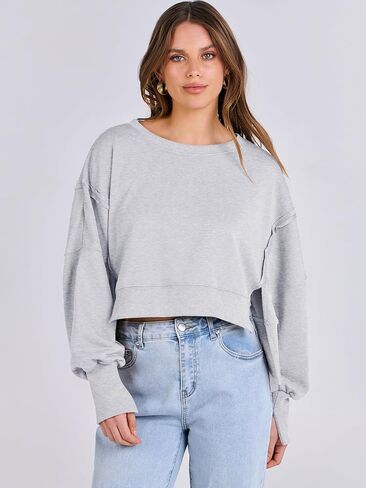 ANRABESS Womens Cropped Oversized Sweatshirts Crewneck Long Sleeve Pullover Crop Tops 2024 Fall Teen Girls Preppy Clothes in Kuwait