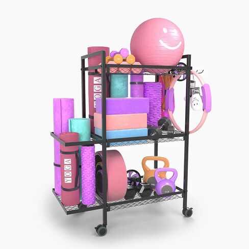 Home Gym Storage Rack,3 Tier Dumbbell Rack,Weight Rack,Yoga Mat Storage,Suitable for Foam Rollers and Other Fitness Equipment Storage Racks with Wheels and Hooks in Saudi Arabia