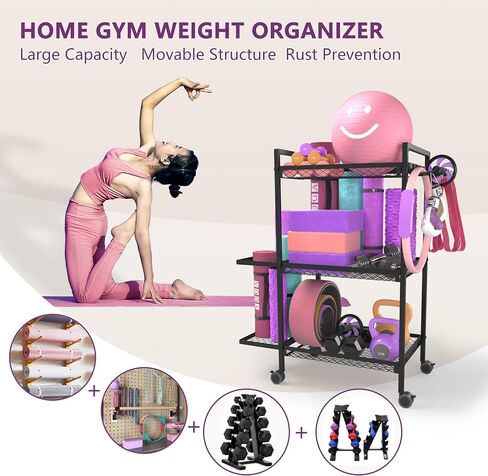 Home Gym Storage Rack,3 Tier Dumbbell Rack,Weight Rack,Yoga Mat Storage,Suitable for Foam Rollers and Other Fitness Equipment Storage Racks with Wheels and Hooks in Saudi Arabia