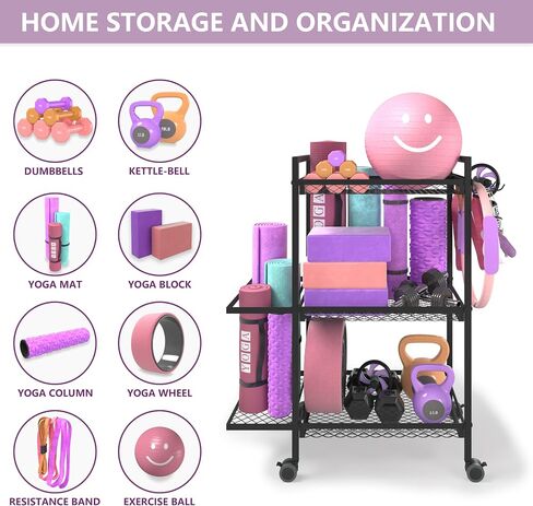 Home Gym Storage Rack,3 Tier Dumbbell Rack,Weight Rack,Yoga Mat Storage,Suitable for Foam Rollers and Other Fitness Equipment Storage Racks with Wheels and Hooks in Saudi Arabia