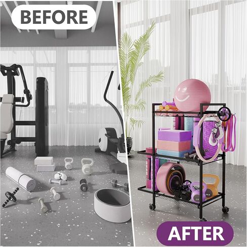 Home Gym Storage Rack,3 Tier Dumbbell Rack,Weight Rack,Yoga Mat Storage,Suitable for Foam Rollers and Other Fitness Equipment Storage Racks with Wheels and Hooks in Saudi Arabia