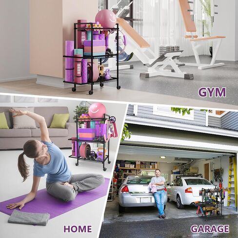 Home Gym Storage Rack,3 Tier Dumbbell Rack,Weight Rack,Yoga Mat Storage,Suitable for Foam Rollers and Other Fitness Equipment Storage Racks with Wheels and Hooks in Saudi Arabia