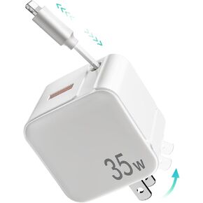 Retractable Wall Charger,35W PD Fast USB Charger Block with Retractable Type-C Cable,Portable Charger Adapter with Foldable Plug for iPhone 15,Galaxy,Pixel,and Multiple Devices