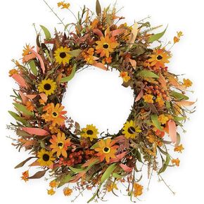 Fall Wreath 22 Inch Outdoor Fall Wreaths for Front Door Artificial Autumn Wreath with Orange Tulip and Various Wildflowers for Thanksgiving Home Holiday Decorations