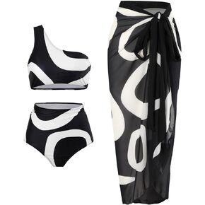 Womens Two Piece Swimsuit Vintage Print Halter Tummy Control Strappy Swimsuits with Bikini Maxi Wrap Skirt