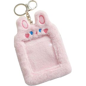 حامل بطاقات الصور iayokocc مع سلسلة مفاتيح، حافظة بطاقات على شكل حيوان كرتوني لطيف وقلادة سلسلة مفاتيح وأكمام واقية للصور (أرنب وردي) in Kuwait
