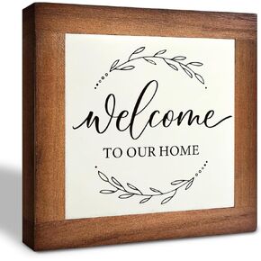 Inspirational Wood Signs, Box Wood Plaques Desk Décor, Rustic Tabletop Decor, Welcome Sign, Home Sign Table Decor, Decorative Plaque for Front Door Living Room Entryway, Welcome to Our Home, B1