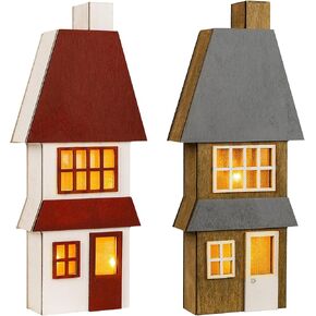 SAILINGSTORY Wooden Christmas Village House with Light Tabletop Christmas Decor 2 pcs Pack