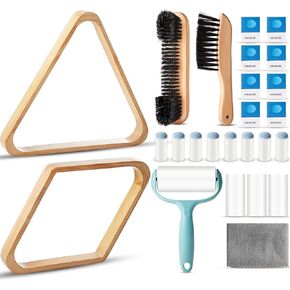 ShinyRelief 22 Set Pool Table Brush Set Wooden Billiard Ball Rack 8 Ball Triangle/ 9 Ball Diamond for 2-1/4" Pool Ball with Polish Cloth Sticky Lint Roller Pool Cue Chalk Cube Accessories