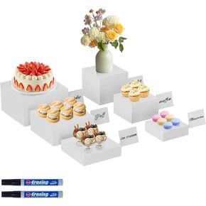 4PSC White Buffet Risers, Food Risers for Buffet Table,Display Stand Shelf for Catering Dessert Collectibles for Party Decor, Acrylic Cube Display Nesting Risers with Hollow Bottoms - Set of 4