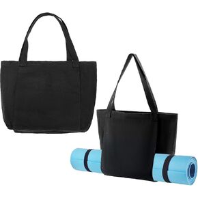 QWORK Yoga Bag for Yoga Mats, 2 Pack Cotton Canvas, Spacious & Multi-Feature Carryall Canvas Tote for Mat and Accessories, for Gym, Shopping, Washable, Black