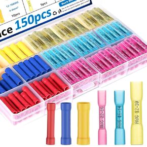 smseace 150Pcs Heat Shrink Butt Connectors with Insulated Butt Connectors 22-10AWG Wire Butt Connectors Waterproof Butt Connectors for Wiring in Auto/Marine/Electrical Equipment