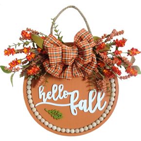 Welcome Sign for Front Door 16'' Wood Wreath Farmhouse Door Sign for Front Door Porch Decor with Fall Eucalyptus Longifolia Leaves, Berry & Buffalo Bow