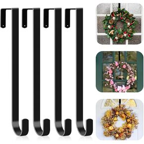 4 Pack Wreath Hanger for Front Door, 12" Wreath Door Hanger for Halloween Wreath, Over the Door Hanger Hook Metal Wreath Hook, Garland Hanger, Wreath Holder for Christmas Fall Wreath Decorations-Black