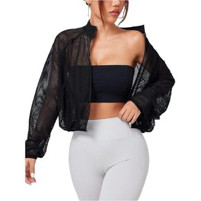 GORGLITTER Women's Fishnet Zip Up Jacket Top Sheer Mesh Long Sleeve See Through Lightweight Athletic Workout Jackets