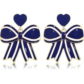 Game Day Bow Earrings Football Sports Team Spirit Heart Striped Bow Ribbon Dangle Earrings Game Day Team Color Earrings Jewelry Accessories