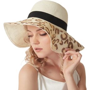 Wide Brim Straw Panama Hat Straw Sun Hat Beach Hat Summer Hats UPF50+ Straw Fedora with Leopard Print