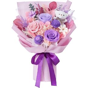Polylove Forever Flowers Bouquet Flowers Fresh Bouquet Purple Roses Bouquet Real with Bear Flower Gift for Her Valentines Day Mothers Day Graduation Birthday