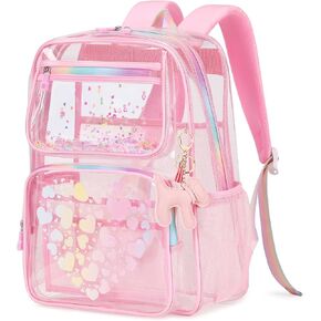 MOONBABY Lovely Clear Backpack for School Girls, Heavy Duty TPU Transparent Backpack Stadium Events Approved, Clear Bookbag, Pink