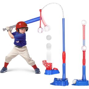 Exergoo 4-in-1 T Ball Set- Height Adjustable Tee Ball Set with 6 Baseballs, Kids Baseball Tee for 4-8,Indoor Outdoor Sports Toys for Boys Blue(Tball Bat/Batting Tee/Hanging Tee/Pitching Machine)