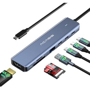 USB C Hub, ACASIS 6 in 1 USB Hub 3.3FT Long Cable, 4k@60Hz HDMI, 1 Gbps Ethernet, 3 USB 3.0, PD 100W, USB C Adapter for iPhone 15/ MAC/Dell/Acer/HP/Asus/Steam Card Sets